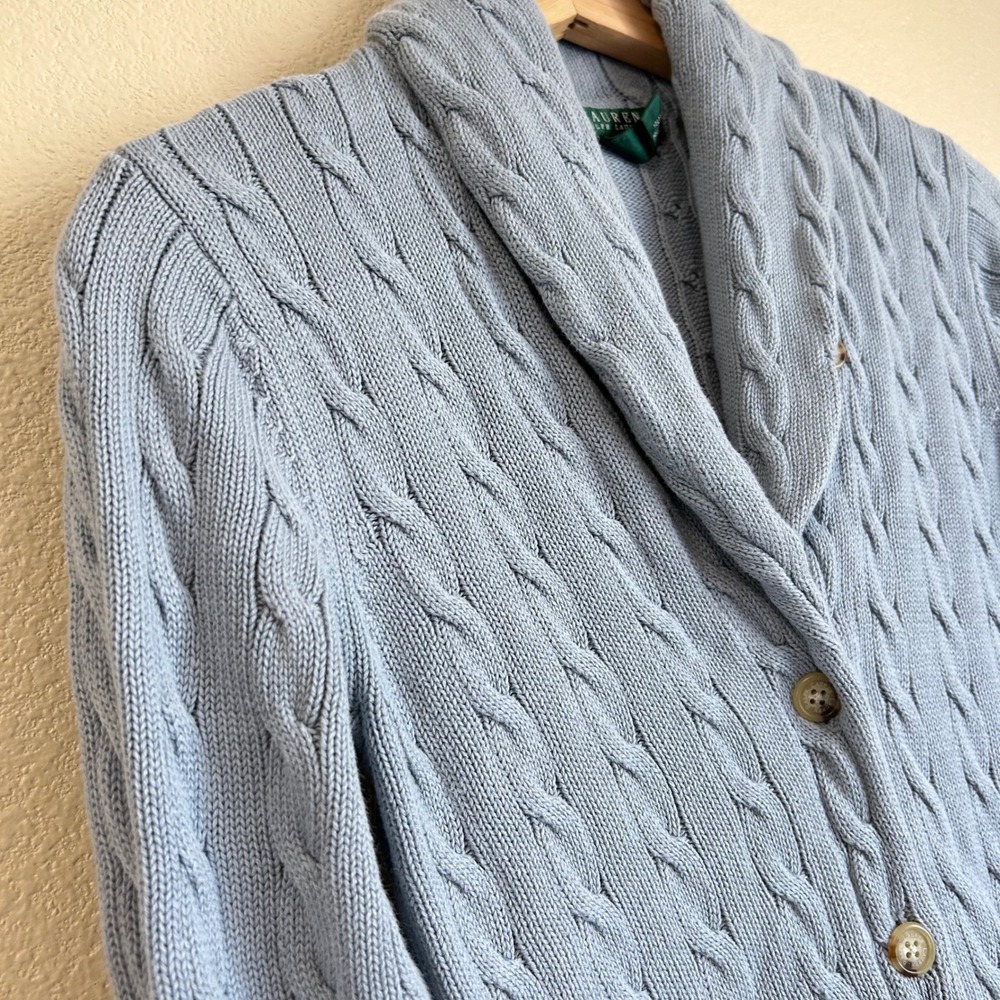 LRL Ralph Lauren Size S Blue Cable Knit Shawl Collar Cotton Cardigan Fisherman - Picture 7 of 9